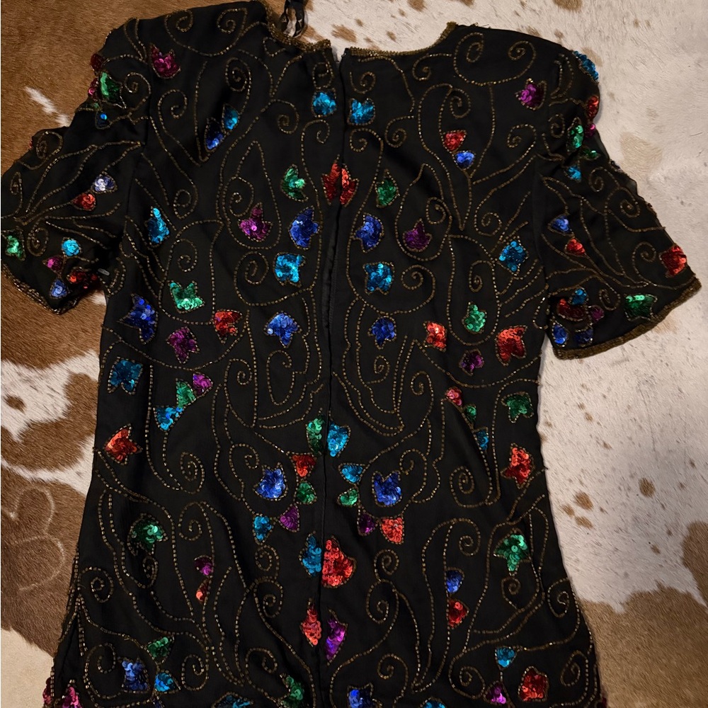 Vintage Black Sequin Floral Short-Sleeve Top